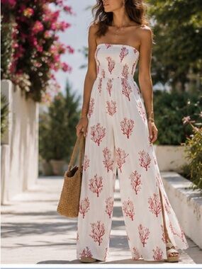Skemo Jumpsuit Smocked Strapless Wide Leg Ocean Coral Print Excellent Size M